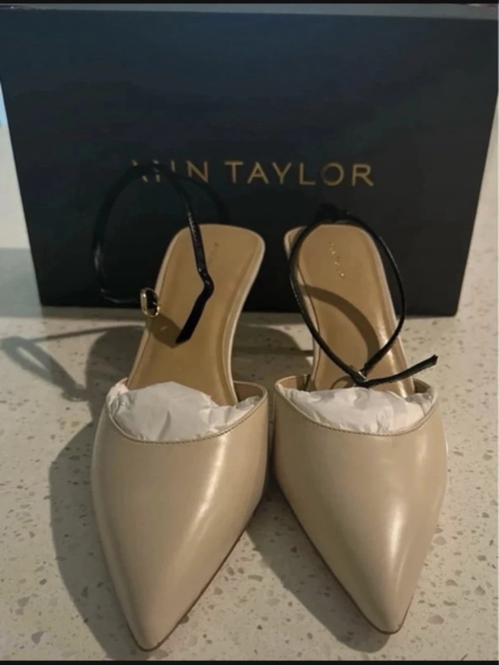 Ann Taylor Cream Pointed-Toe Slingback Mules with Black Ankle Straps